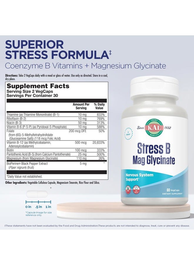 KAL Stress B Mag Glycinate, B Complex Vitamins Plus Magnesium, Active Forms Coenzyme Vitamin B-6, Methylcobalamin, and Folate from 5-MTHF, Healthy Mood & Relaxation Support, 30 Servings, 60 VegCaps  - Image 2