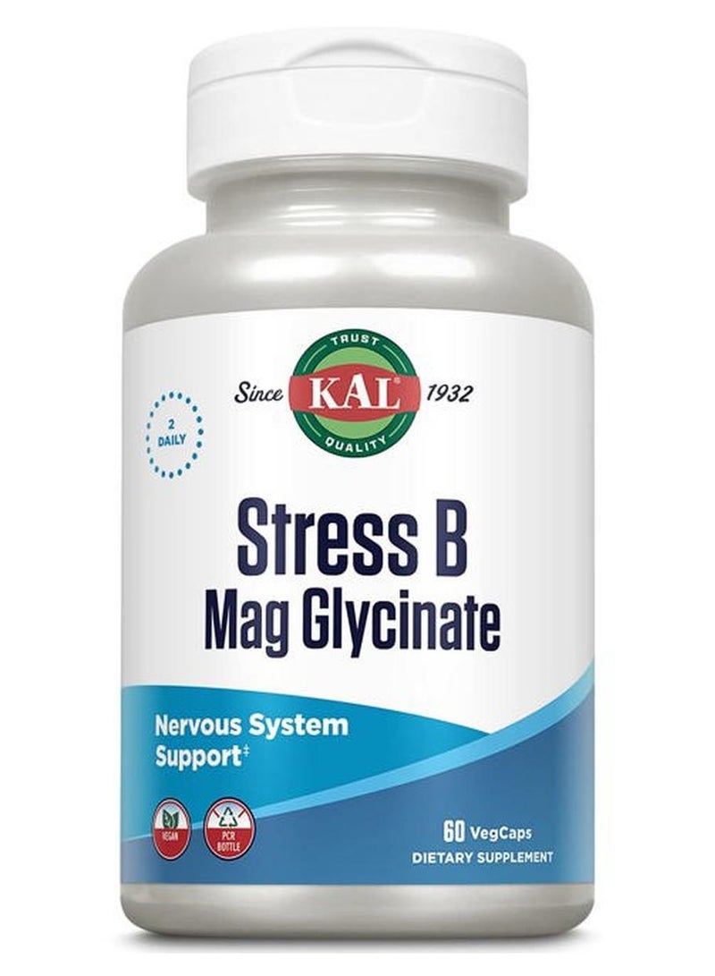 KAL Stress B Mag Glycinate, B Complex Vitamins Plus Magnesium, Active Forms Coenzyme Vitamin B-6, Methylcobalamin, and Folate from 5-MTHF, Healthy Mood & Relaxation Support, 30 Servings, 60 VegCaps - Image 1