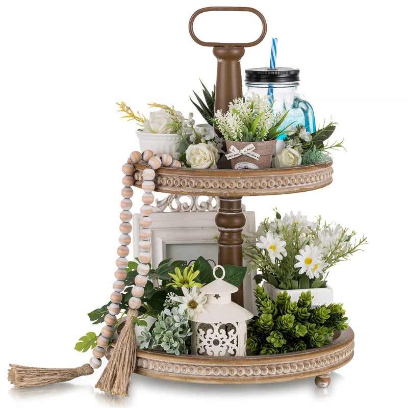 Hanobe Two Tiered Tray Stand: Boho Vintage Farmhouse Valentine's Day 2 Tier Decorative Trays for Coffee Table Decor - Round Display Stands for Home Living Room Kitchen - Image 1