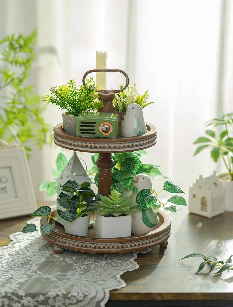 Hanobe Two Tiered Tray Stand: Boho Vintage Farmhouse Valentine's Day 2 Tier Decorative Trays for Coffee Table Decor - Round Display Stands for Home Living Room Kitchen - Image 3