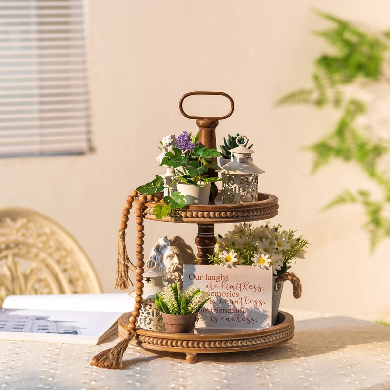 Hanobe Two Tiered Tray Stand: Boho Vintage Farmhouse Valentine's Day 2 Tier Decorative Trays for Coffee Table Decor - Round Display Stands for Home Living Room Kitchen - Image 4