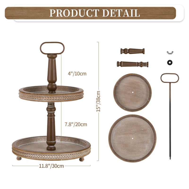 Hanobe Two Tiered Tray Stand: Boho Vintage Farmhouse Valentine's Day 2 Tier Decorative Trays for Coffee Table Decor - Round Display Stands for Home Living Room Kitchen - Image 5
