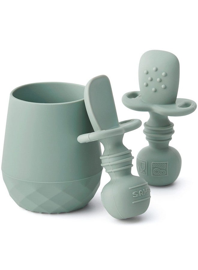 SAMiGO Silicone Baby Utensils - Self Feeding Spoons and Tiny Training Cup - First Stage Baby Led Weaning Supplies for 6 Months+ Infants - Set of 3 - Image 1
