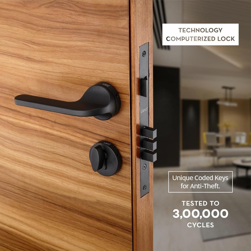 LAPO أقفال أبواب ثقيلة للباب الرئيسي، قفل باب لغرفة النوم، مجموعة أقفال باب مورتيس، مجموعات مقابض أقفال الأبواب مع 3 مفاتيح نحاسية للمنزل، المكتب، الفندق | تشطيب أسود | ضمان 3 سنوات Ro-127 - Image 4