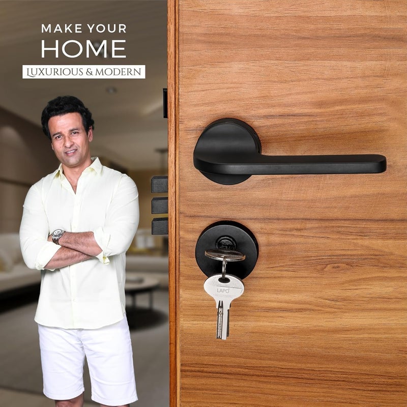 LAPO أقفال أبواب ثقيلة للباب الرئيسي، قفل باب لغرفة النوم، مجموعة أقفال باب مورتيس، مجموعات مقابض أقفال الأبواب مع 3 مفاتيح نحاسية للمنزل، المكتب، الفندق | تشطيب أسود | ضمان 3 سنوات Ro-127 - Image 2