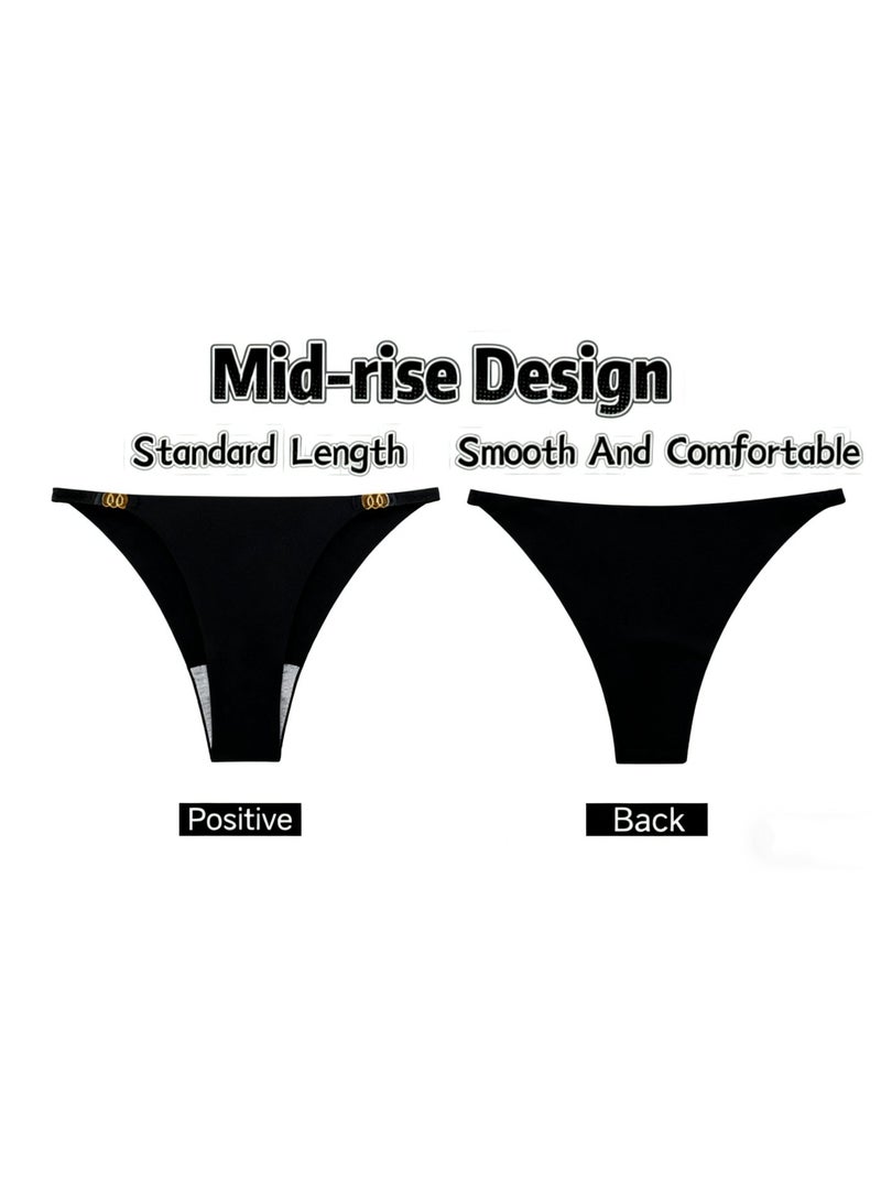 (4-pack) Women's seamless thong panties, gold side ring decoration, V-waist elastic breathable sexy underwear, mid-waist women's panties - Image 3