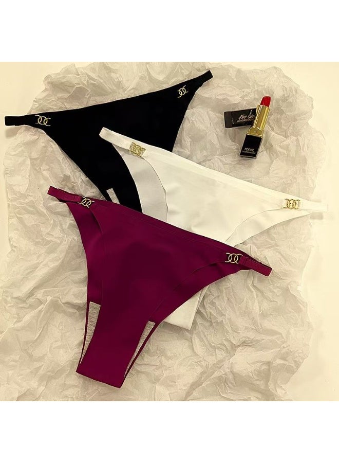 (4-pack) Women's seamless thong panties, gold side ring decoration, V-waist elastic breathable sexy underwear, mid-waist women's panties - Image 1