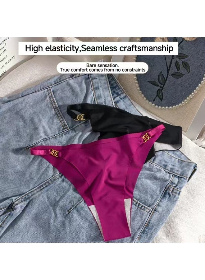 (4-pack) Women's seamless thong panties, gold side ring decoration, V-waist elastic breathable sexy underwear, mid-waist women's panties - Image 2
