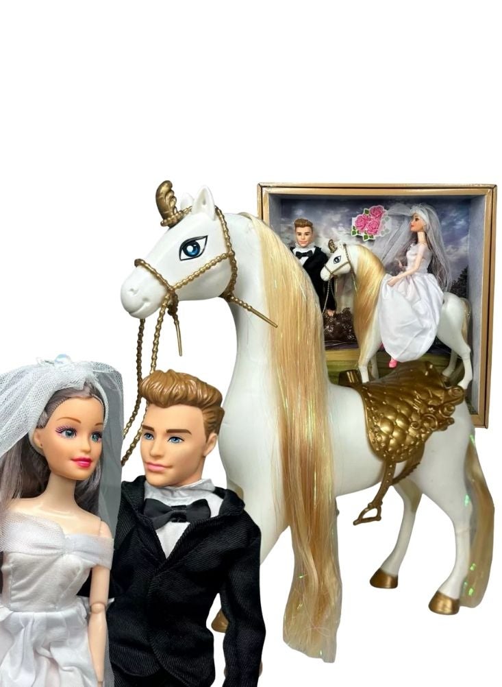 بريميم مجموعة ألعاب دمى الزفاف مع العروس والعريس والحصان الأبيض - مجموعة ألعاب رومانسية للعب التخيلي مع عيون ثلاثية الأبعاد - Image 1