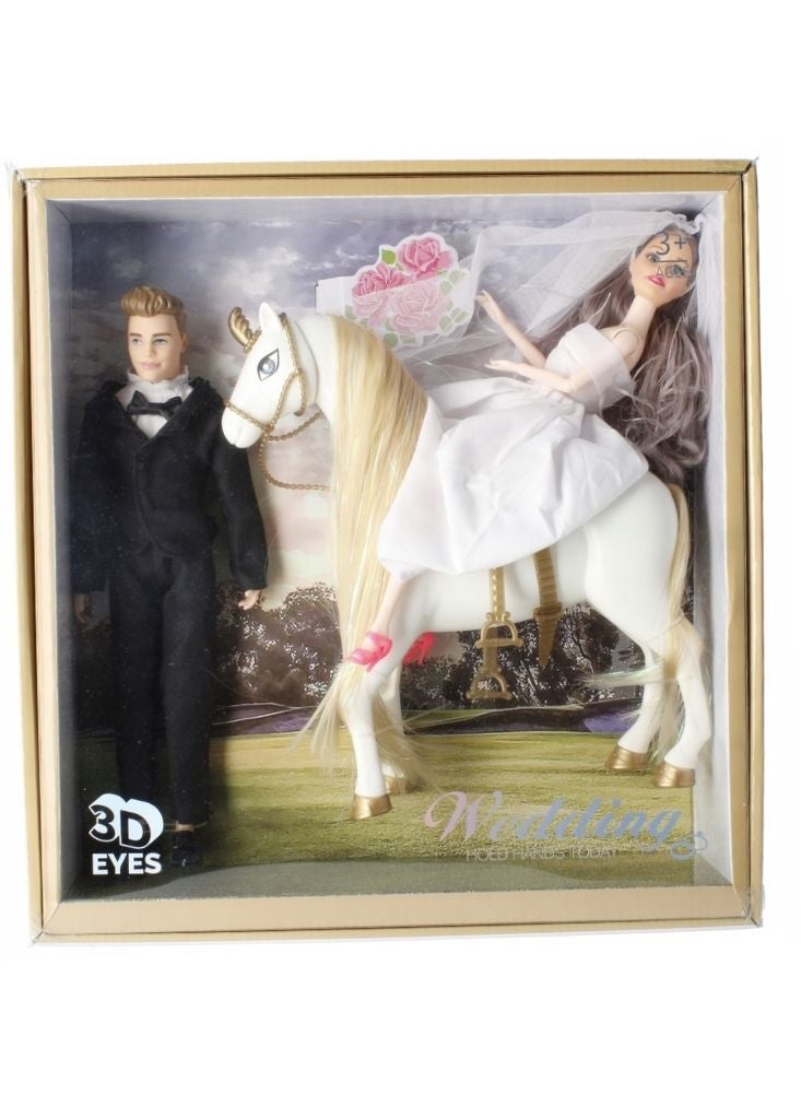 بريميم مجموعة ألعاب دمى الزفاف مع العروس والعريس والحصان الأبيض - مجموعة ألعاب رومانسية للعب التخيلي مع عيون ثلاثية الأبعاد - Image 2