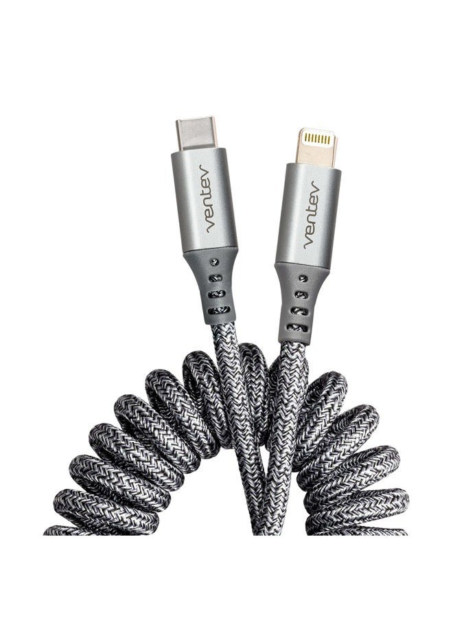 Ventev Helix 3ft Expandable iPhone Cable | Fast Charging USB C to Apple Lightning Cable | Compatible with iPhone 14/13/12/11 | Coiled MFi Certified iPhone Charger Cord - Gray - Image 1