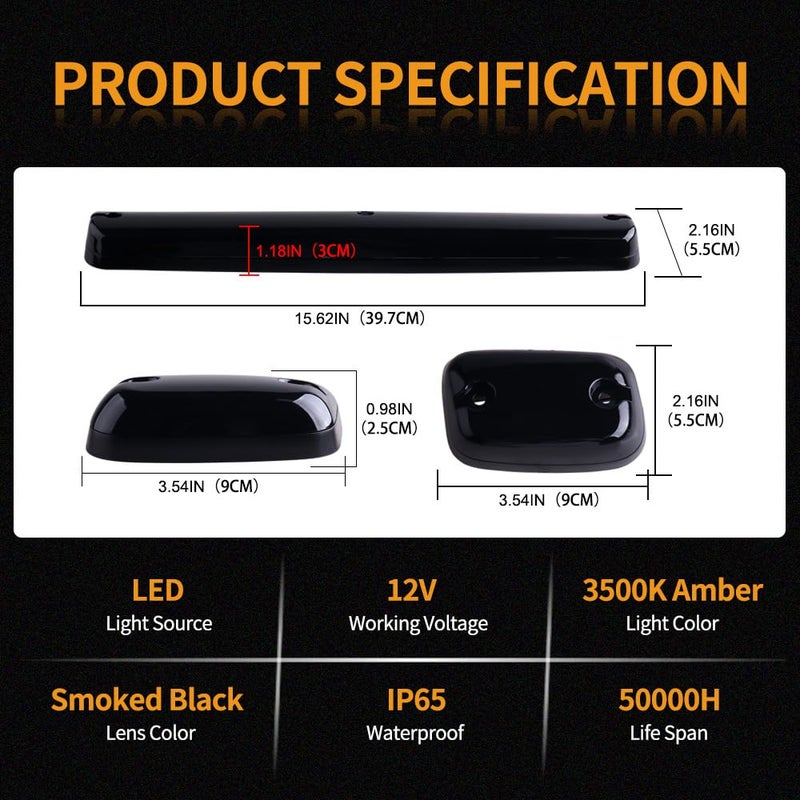 Nrgedzam 3PCS Amber Cab Marker Roof Running Clearance Cab Lights for Chevrolet Silverado GMC Sierra 1500 2500 2500HD 3500 3500HD 2007-2013 Truck Gmc Sierra 3500 Cab Lights w/Wiring Pack (Smoked Lens) - Image 2