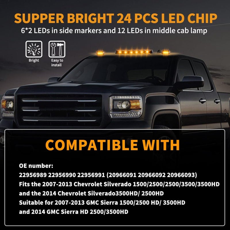 Nrgedzam 3PCS Amber Cab Marker Roof Running Clearance Cab Lights for Chevrolet Silverado GMC Sierra 1500 2500 2500HD 3500 3500HD 2007-2013 Truck Gmc Sierra 3500 Cab Lights w/Wiring Pack (Smoked Lens) - Image 5