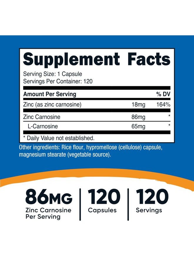 Nutricost زنك كارنوستين 86 ملغ، 120 كبسولة - غير معدلة وراثيًا، خالية من الغلوتين، مكمل زنك L-كارنوستين - Image 2