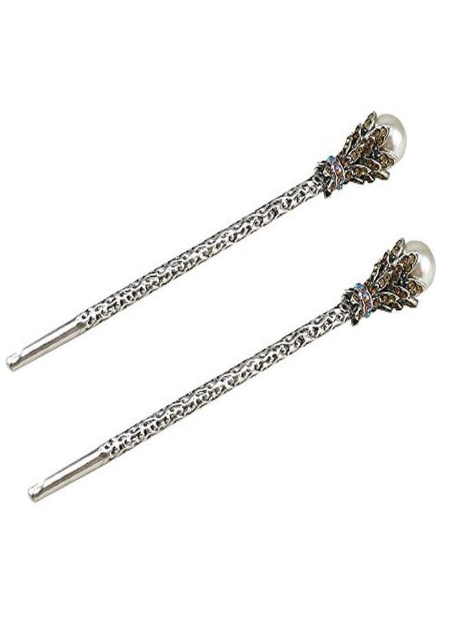 Yueton - Pack Of 2 Vintage Rhinestone Pearl Hair Stick Vintage Hair Chopsticks Hairpin Chignon Pin (Coffee) - Image 1
