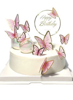 KASTWAVE 11 pieces Pink Gold Butterfly Cake Toppers Happy Birthday Metal Gold Butterfly Decorations Cake Butterfly Party Decorations Decorations Mixed Colour for Wedding Party Baby Shower Wall