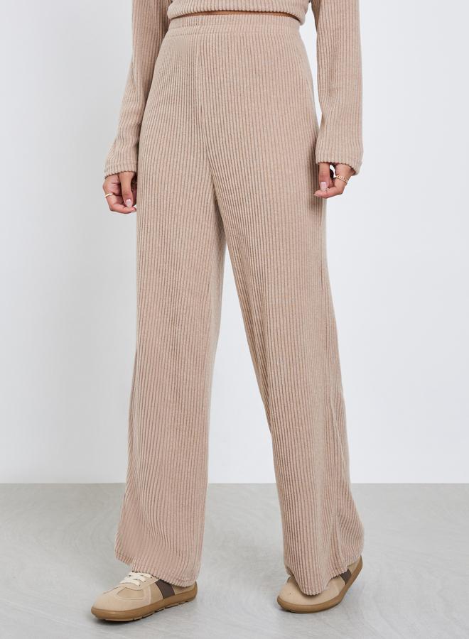 Styli Women Beige Ribbed Wide Leg Knit Pants - Image 2