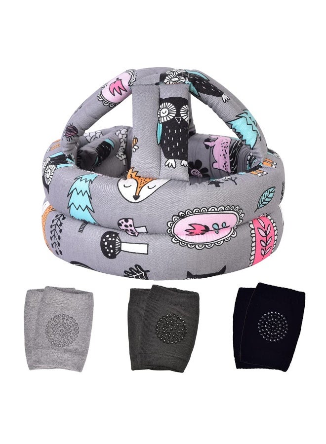 TORASO خوذة بيبي توراسو ووسادات الركبة للزحف والمشي، العمر 6-36 شهر، غابة رمادية - Image 1