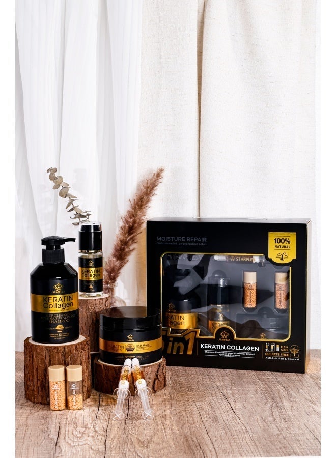 STARPLEX 5 in 1 Keratin Collagen Hair Care Set, 300ml Shampoo + 300ml Hair Mask + 40ml Hair Oil + 4ml×2 Serum + 10g×2 Particles, Damaged Hair Repair Anti-Frizz Smooth Shine, Strengthen & Anti-Breakage Deep Cleanse, Salon Grade Home Hair Treatment Gift Box, Suitable for Sensitive Scalp Men & Women - Image 1