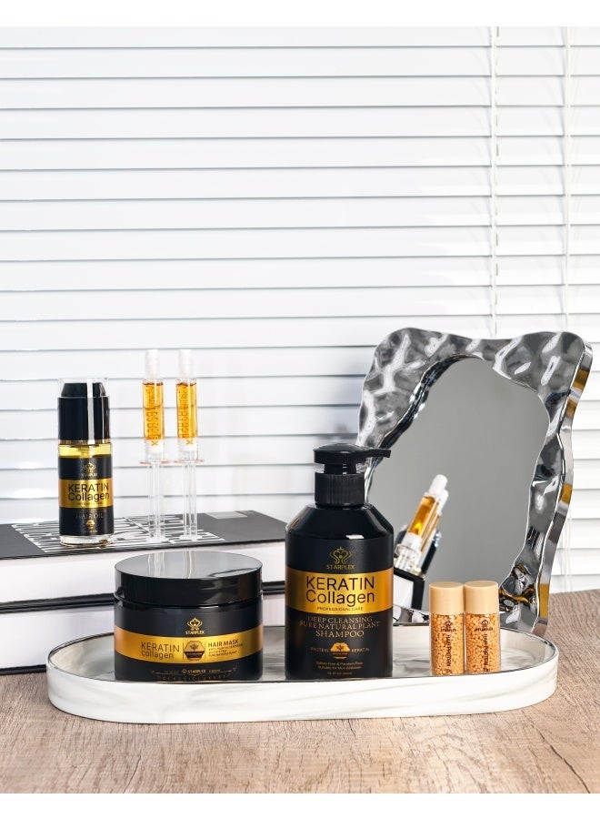 STARPLEX 5 in 1 Keratin Collagen Hair Care Set, 300ml Shampoo + 300ml Hair Mask + 40ml Hair Oil + 4ml×2 Serum + 10g×2 Particles, Damaged Hair Repair Anti-Frizz Smooth Shine, Strengthen & Anti-Breakage Deep Cleanse, Salon Grade Home Hair Treatment Gift Box, Suitable for Sensitive Scalp Men & Women - Image 2