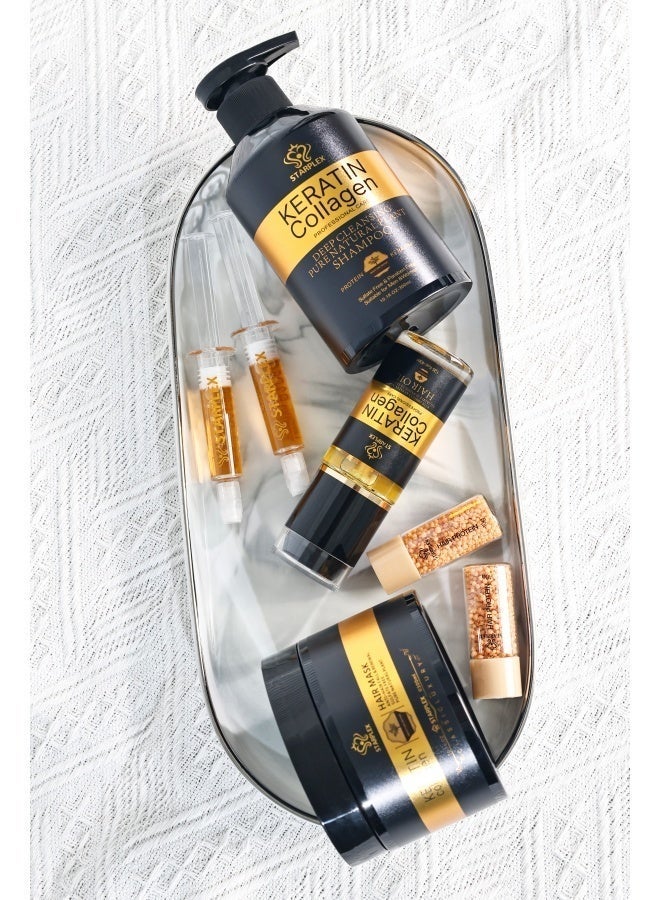 STARPLEX 5 in 1 Keratin Collagen Hair Care Set, 300ml Shampoo + 300ml Hair Mask + 40ml Hair Oil + 4ml×2 Serum + 10g×2 Particles, Damaged Hair Repair Anti-Frizz Smooth Shine, Strengthen & Anti-Breakage Deep Cleanse, Salon Grade Home Hair Treatment Gift Box, Suitable for Sensitive Scalp Men & Women - Image 4