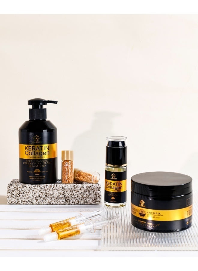STARPLEX 5 in 1 Keratin Collagen Hair Care Set, 300ml Shampoo + 300ml Hair Mask + 40ml Hair Oil + 4ml×2 Serum + 10g×2 Particles, Damaged Hair Repair Anti-Frizz Smooth Shine, Strengthen & Anti-Breakage Deep Cleanse, Salon Grade Home Hair Treatment Gift Box, Suitable for Sensitive Scalp Men & Women - Image 3
