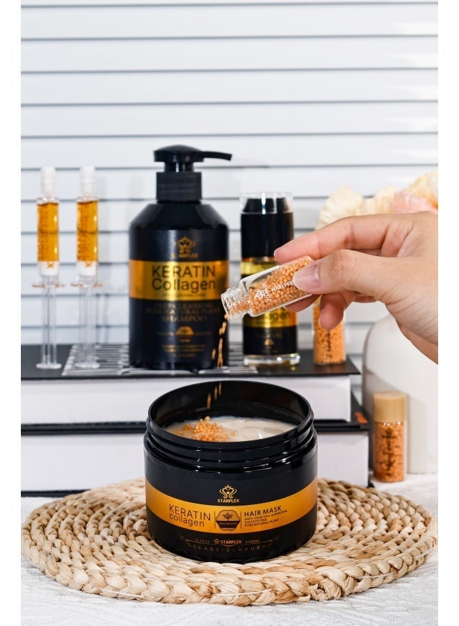 STARPLEX 5 in 1 Keratin Collagen Hair Care Set, 300ml Shampoo + 300ml Hair Mask + 40ml Hair Oil + 4ml×2 Serum + 10g×2 Particles, Damaged Hair Repair Anti-Frizz Smooth Shine, Strengthen & Anti-Breakage Deep Cleanse, Salon Grade Home Hair Treatment Gift Box, Suitable for Sensitive Scalp Men & Women - Image 5