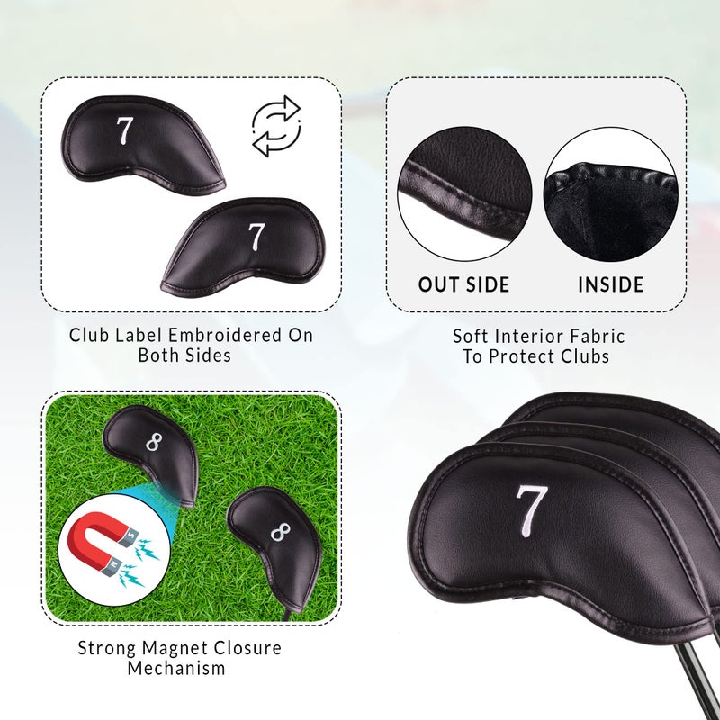 All Teed Up Premium Magnetic Leather Iron and Wedge Golf Club Head Covers | Set of 10 | Fits Most Clubs | Embroidered Club Label on Both Sides of Club Head Cover - Image 4