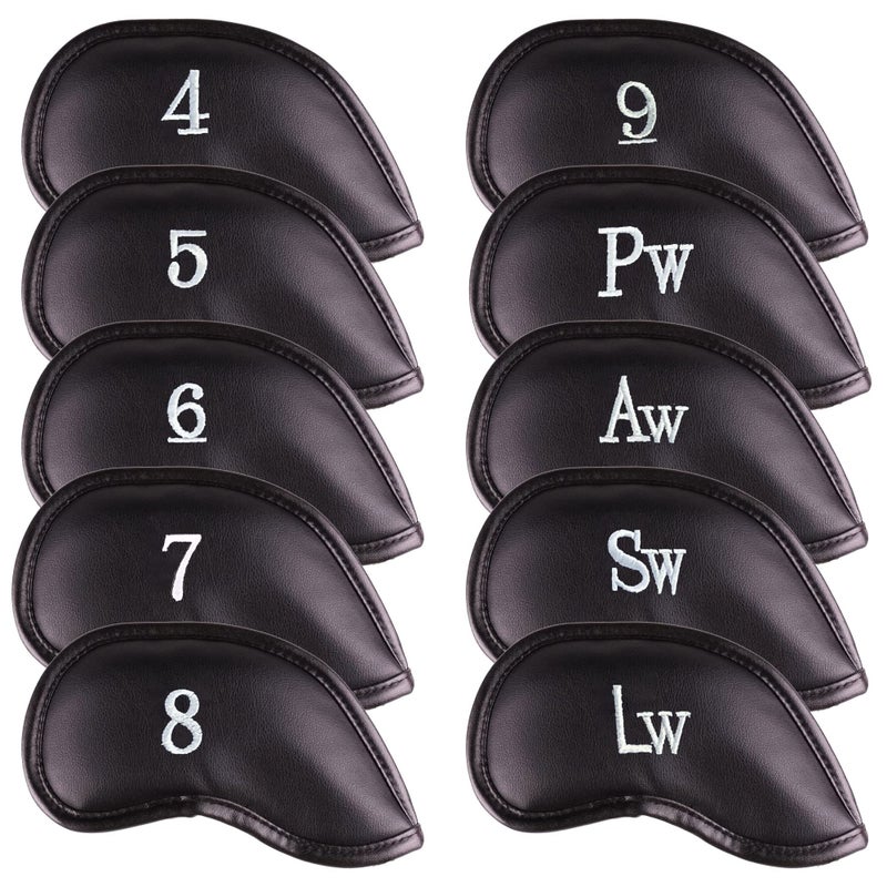 All Teed Up Premium Magnetic Leather Iron and Wedge Golf Club Head Covers | Set of 10 | Fits Most Clubs | Embroidered Club Label on Both Sides of Club Head Cover - Image 1