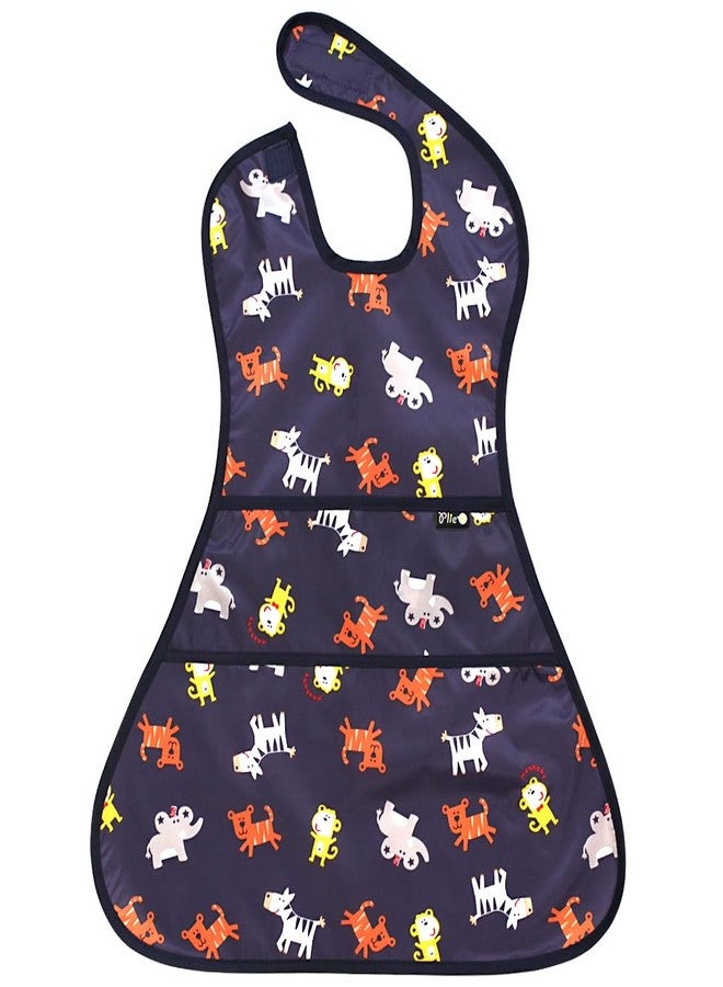 Plie Full Coverage Waterproof Feeding Bib for Toddlers - Extra Long Apron Bib for Mealtime, Self-Feeding, High Chair, Food Catcher, BPA-Free, Easy to Clean - Navy Animals - Image 2