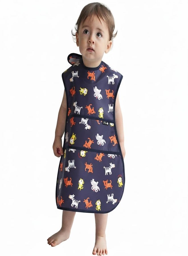 Plie Full Coverage Waterproof Feeding Bib for Toddlers - Extra Long Apron Bib for Mealtime, Self-Feeding, High Chair, Food Catcher, BPA-Free, Easy to Clean - Navy Animals - Image 1