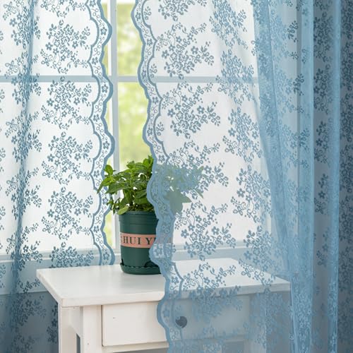 YJ YANJUN Vintage Lace Curtains 63 Inch Length Victorian Floral Pattern Stone Blue Sheer Curtains for Boys Bedroom Privacy Summer Beach Themed Ocean Coastal Room Decor 2 Panels W52 x L63 Dusty Blue - Image 1