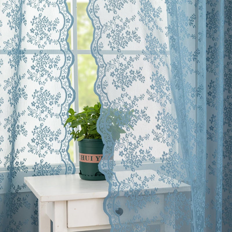 YJ YANJUN Vintage Lace Curtains 63 Inch Length Victorian Floral Pattern Stone Blue Sheer Curtains for Boys Bedroom Privacy Summer Beach Themed Ocean Coastal Room Decor 2 Panels W52 x L63 Dusty Blue - Image 2