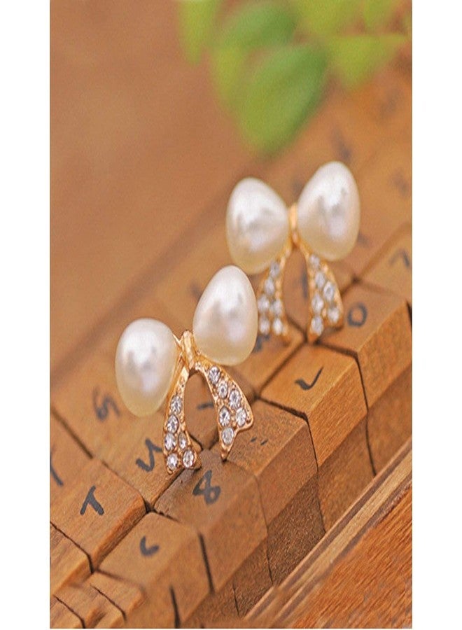 Glitz Fashion Rhinestone Alloy Bow Double Pearl Stud Earrings for Women Gift Jewelry - Image 2