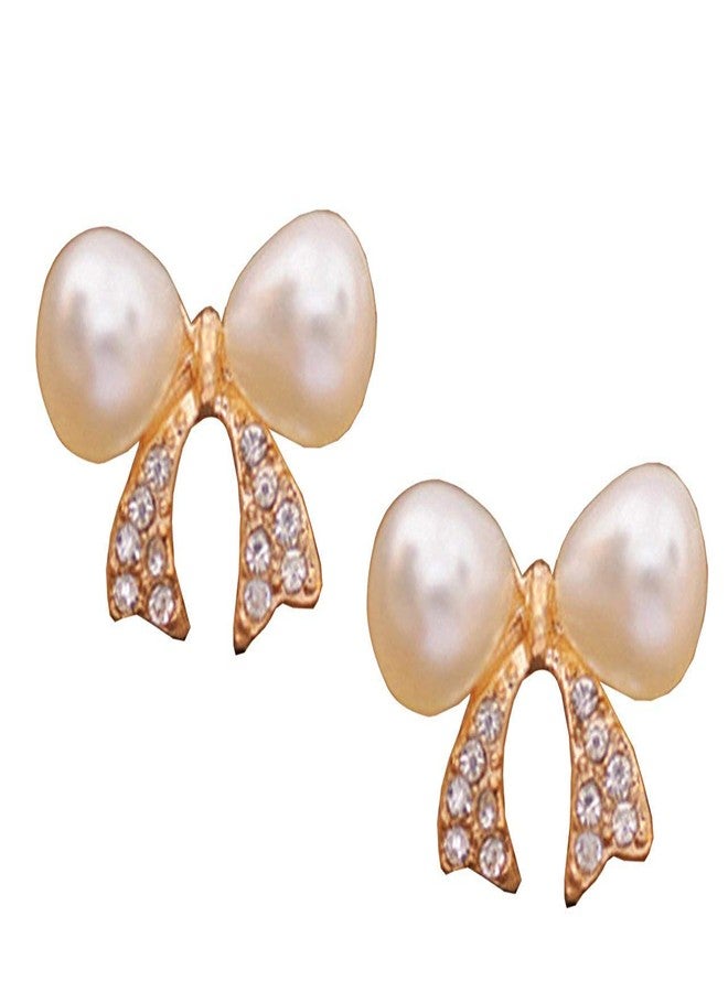 Glitz Fashion Rhinestone Alloy Bow Double Pearl Stud Earrings for Women Gift Jewelry - Image 1