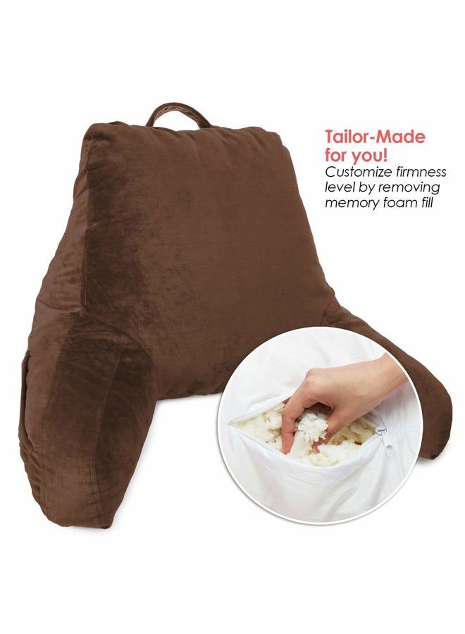 Clara Clark Bed Rest Reading Arms and Pockets for Kids Teens & Adults-Premium Shredded Memory Foam TV Pillow, Medium, Brown - Image 2