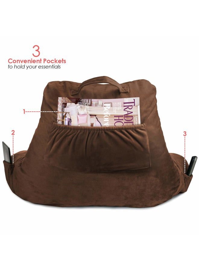 Clara Clark Bed Rest Reading Arms and Pockets for Kids Teens & Adults-Premium Shredded Memory Foam TV Pillow, Medium, Brown - Image 5