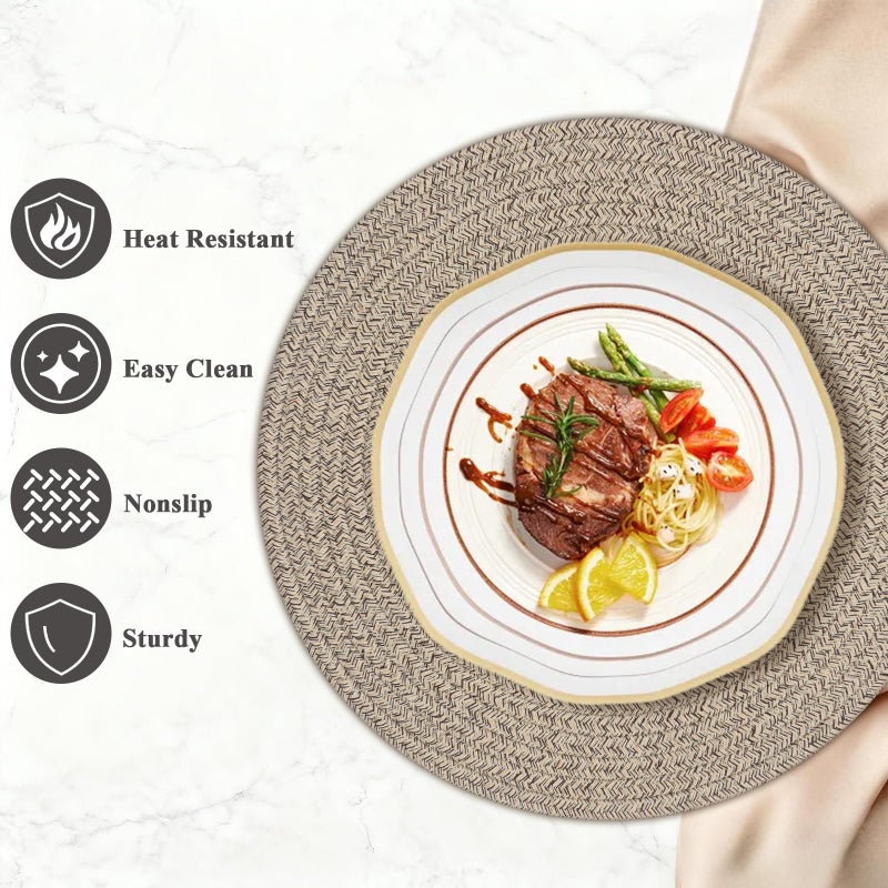 Jukercici Round Placemats Set of 6, Cotton Rope Woven Table Mats, Hot Pads for Kitchen, Non Slip Heat Resistant Place Mats, 13 Inches Braided Placemat for Farmhouse Decor and Kitchen Table Decor (Brown) - Image 3