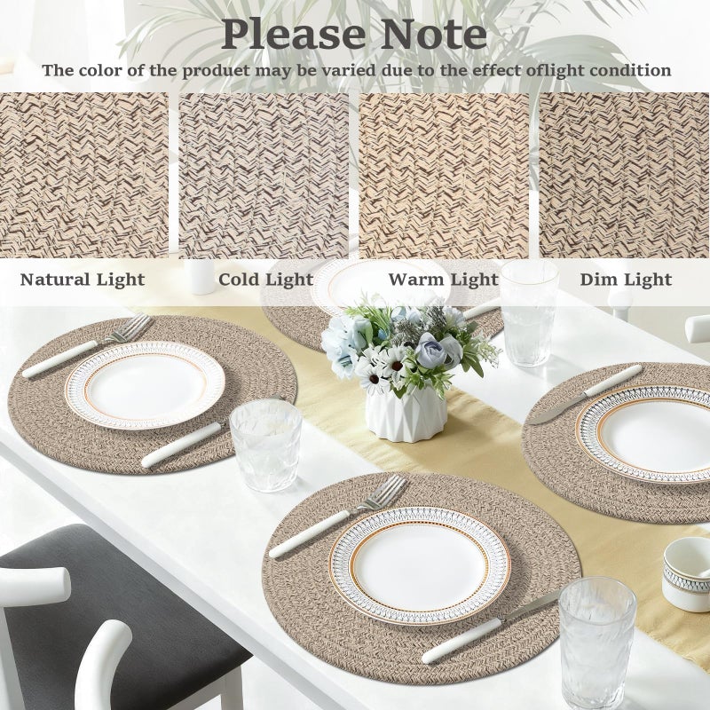 Jukercici Round Placemats Set of 6, Cotton Rope Woven Table Mats, Hot Pads for Kitchen, Non Slip Heat Resistant Place Mats, 13 Inches Braided Placemat for Farmhouse Decor and Kitchen Table Decor (Brown) - Image 4