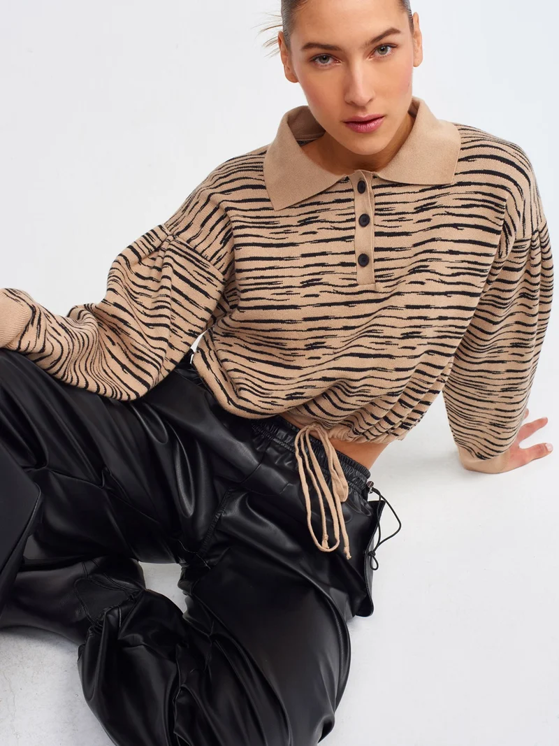 Dilvin 10318 Polo Collar Buttoned Sweater-Dark Beige-S