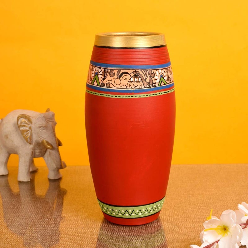 AAKRITI ART CREATIONS Aakriti Art Creations Vase Earthen Handcrafted Red Madhubani 9x4HxD  - Image 1
