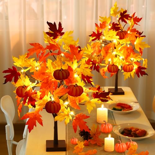 Neoclassy Fall Dcor 2 Pack 24 Inch Fall Maple Tree with 48 LEDs Battery Operated Fall Lights with 8 PCS Pumpkin Wooden Hanging Ornaments Artificial Tree for Fall Thanksgiving Home Table Decorations - Image 3