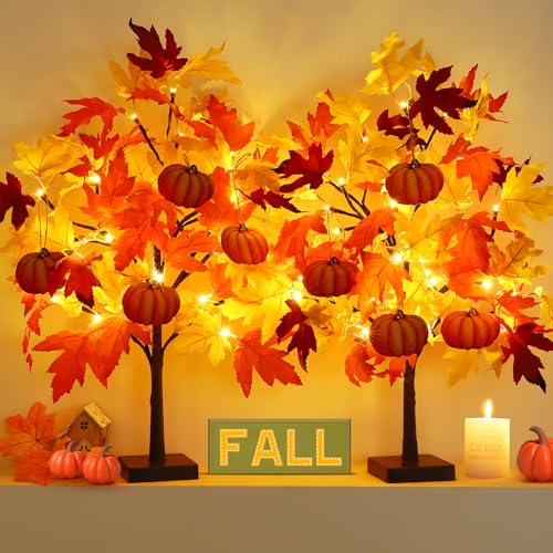 Neoclassy Fall Dcor 2 Pack 24 Inch Fall Maple Tree with 48 LEDs Battery Operated Fall Lights with 8 PCS Pumpkin Wooden Hanging Ornaments Artificial Tree for Fall Thanksgiving Home Table Decorations - Image 1