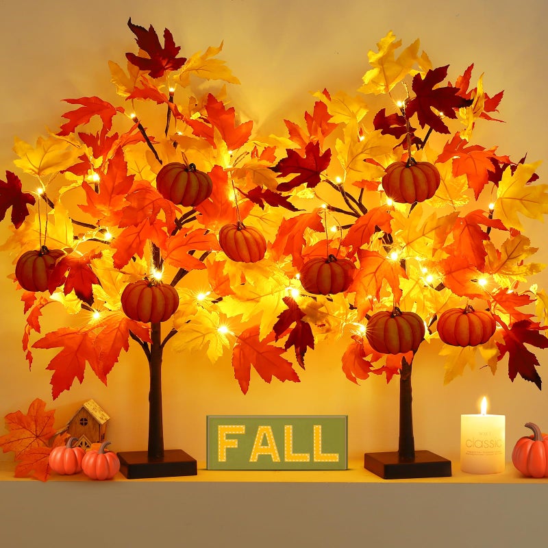 Neoclassy Fall Dcor 2 Pack 24 Inch Fall Maple Tree with 48 LEDs Battery Operated Fall Lights with 8 PCS Pumpkin Wooden Hanging Ornaments Artificial Tree for Fall Thanksgiving Home Table Decorations - Image 2