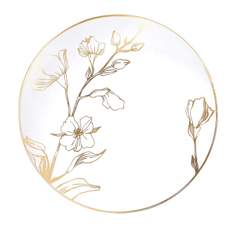 7 Plates 40 Count White Plastic Floral Design Party Plates With Gold Rim Premium heavyweight Elegant Disposable Tableware Dishes