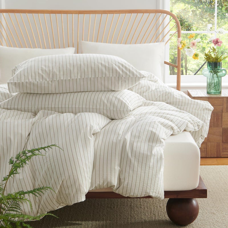 Nayoroom Striped Duvet Cover Queen Size 100% Washed Cotton White Brown Stripe Duvet Cover 3 Pieces Soft Breathable Girls Dorm Bedding Set for All Seasons, Yarn Dyed Process - Image 5