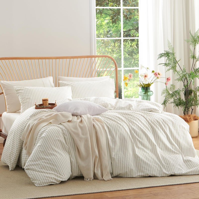 Nayoroom Striped Duvet Cover Queen Size 100% Washed Cotton White Brown Stripe Duvet Cover 3 Pieces Soft Breathable Girls Dorm Bedding Set for All Seasons, Yarn Dyed Process - Image 2