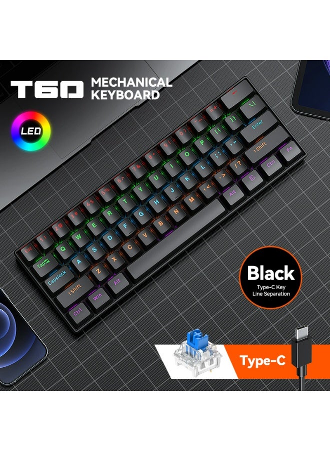 T-WOLF T60 green axis 61 key mechanical keyboard with 17 RGB backlit ultra compact mini keyboards, Type-C key cable separation, full key hot swappable 60% wired gaming keyboard, suitable for PC/Mac esports gamers, business travel portable keyboard (black) - Image 2