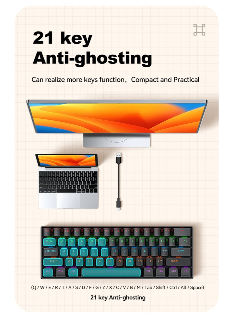 T-WOLF T60 green axis 61 key mechanical keyboard with 17 RGB backlit ultra compact mini keyboards, Type-C key cable separation, full key hot swappable 60% wired gaming keyboard, suitable for PC/Mac esports gamers, business travel portable keyboard (black) - Image 3