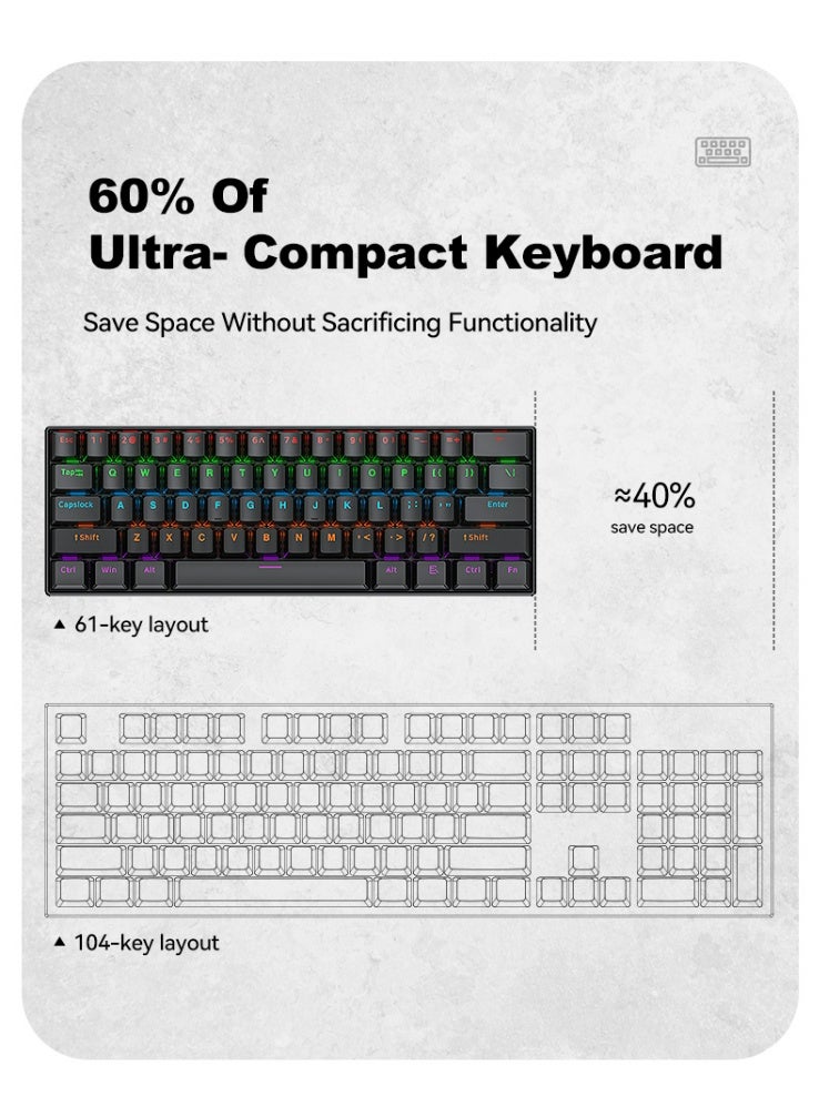 T-WOLF T60 green axis 61 key mechanical keyboard with 17 RGB backlit ultra compact mini keyboards, Type-C key cable separation, full key hot swappable 60% wired gaming keyboard, suitable for PC/Mac esports gamers, business travel portable keyboard (black) - Image 4